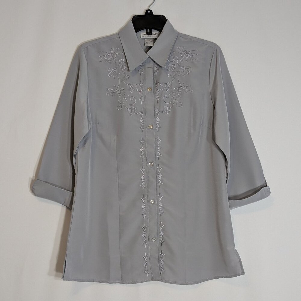 ANTHONY RICHARDS Gray Silky Embroidered Chiffon Button Blouse; Size 12